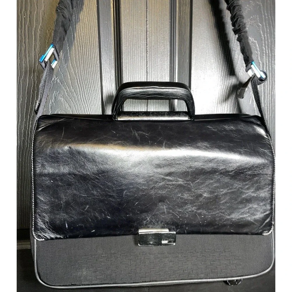 Piquadro ONE057218 Black Nylon Leather Laptop Briefcase Messenger Bag 16.5in EUC